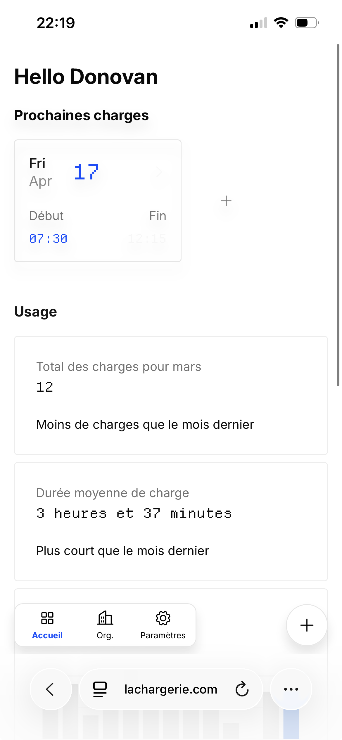 Mobile dashboard of an EV-charging app showing upcoming booked charging session, monthly usage statistics, charge counts, average duration, and navigation menu.