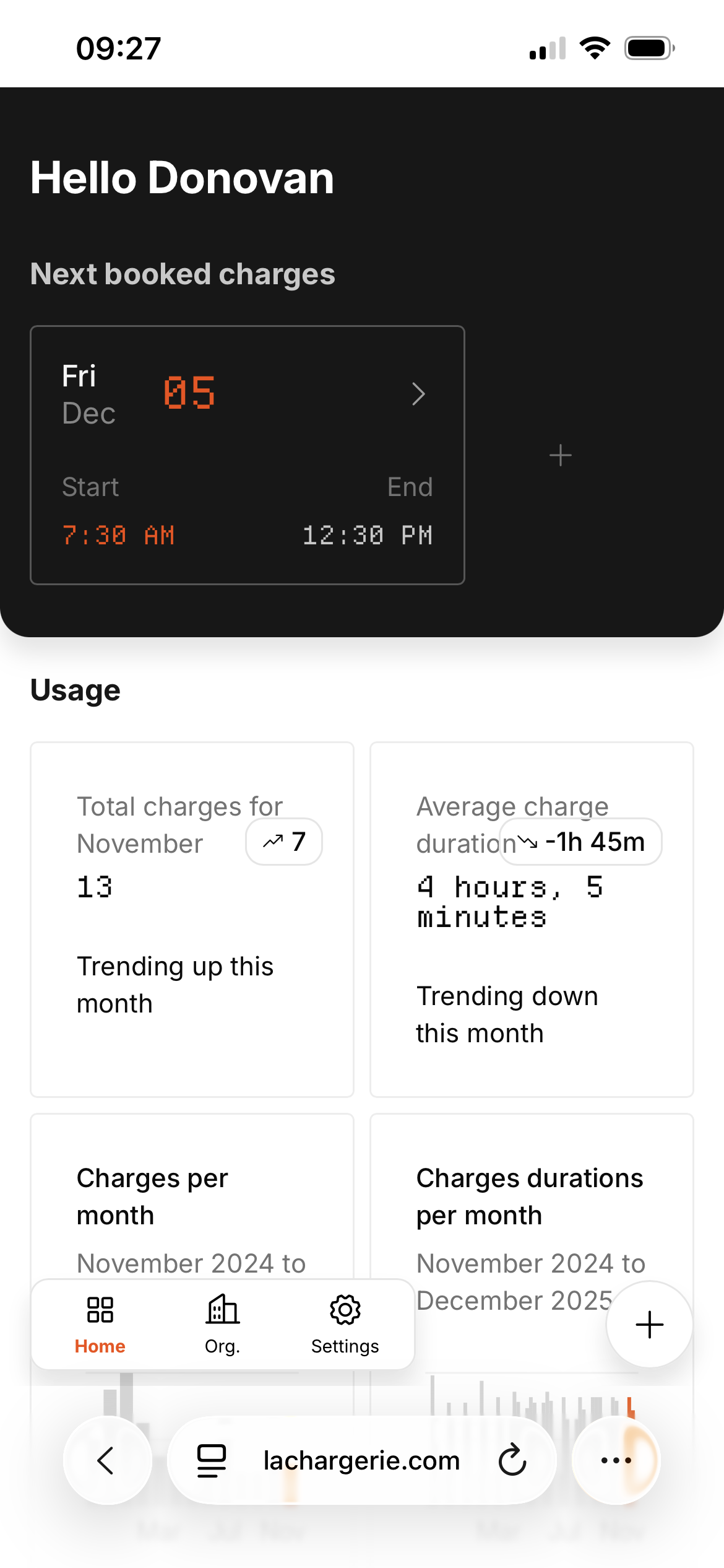 Mobile dashboard of an EV-charging app showing upcoming booked charging session, monthly usage statistics, charge counts, average duration, and navigation menu.